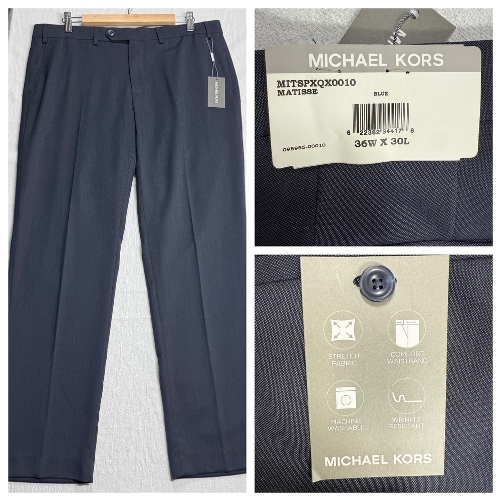Michael Kors Matisse Dress Pants Blue 36Wx 30L Flat Front‎ Stretch Career